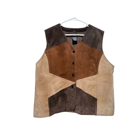 Outbrook Suede Leather Patchwork Vest Women XL Brown Vintage Western Yellowstone - Picture 1 of 12